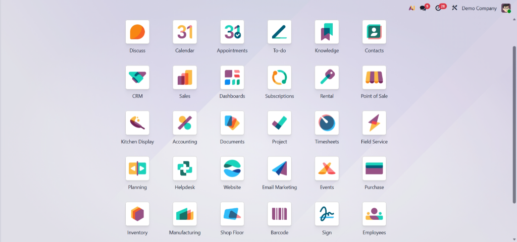 Odoo ERP Dashboard showing all business applications